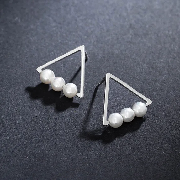 triangle pearl earrings 100% 925 Sterling silver Jewelry fashion Hypoallergenic Stud earrings for women gift