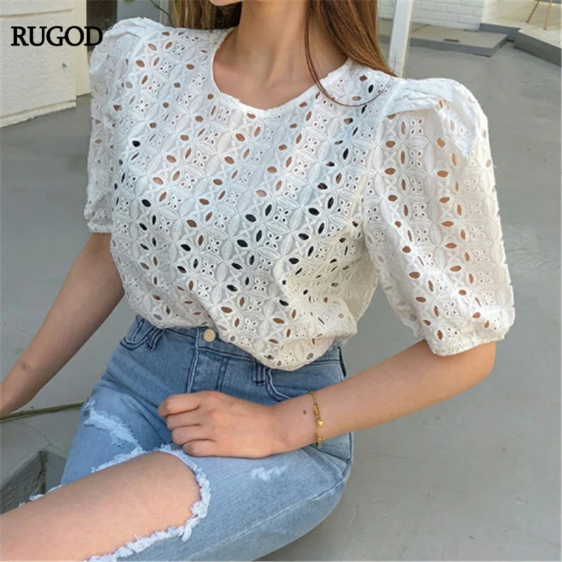 

RUGOD Korean Fashion Hollow Out T Shirt Women White Pink Lace Shirt Casual O Neck Puff Sleeve Tshirt Summer Tops