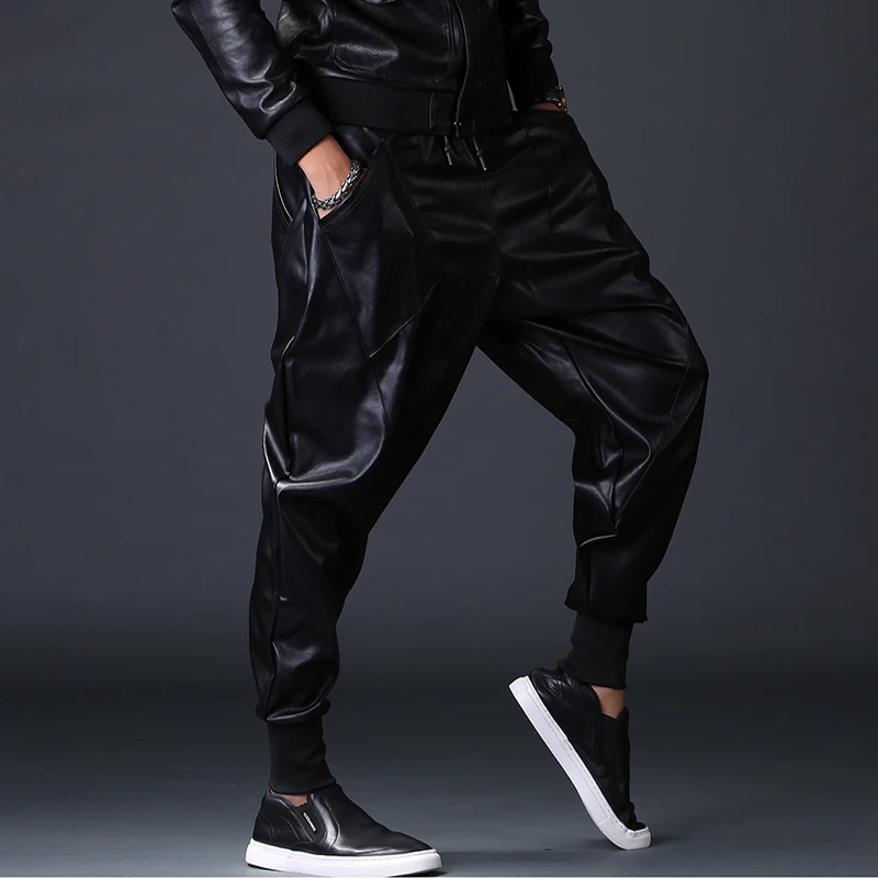 joggers sweatpants New Fashion Men Punk Moto PU Faux Leather Joggers Casual Harem Pants Drop Crotch Street Dance DJ Rock Night Club Trouser M-2XL genie pants