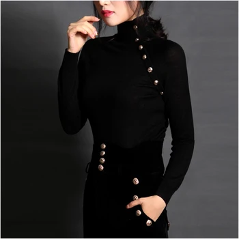 

New European leg slim thin turtleneck wool sweater bottoming shirt autumn fashion ladies temperament button sweater female