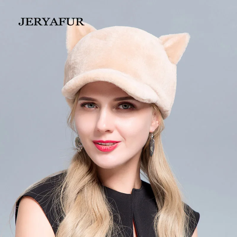 JERYAFUR/ горячая Распродажа, Новая меховая бейсболка с кошачьими ушками, Овечья меховая шапка, шерстяная женская шапка, милая Лыжная шапка из натурального меха, зимняя женская шапка - Цвет: COLOR6