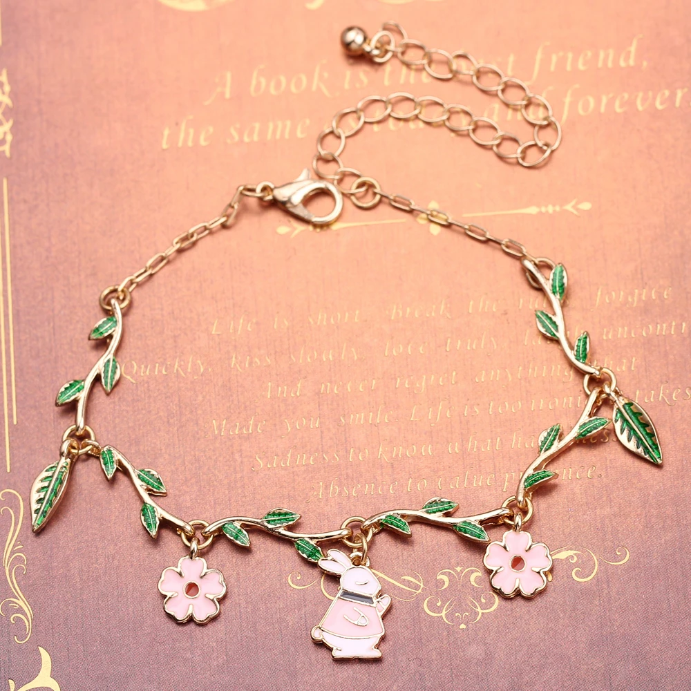 

Fashion Cute Alice In Wonderland Rabbit Clock Imitation Pearl Link Women Jewelry Accessories Chain Bracelet Charm Bangle