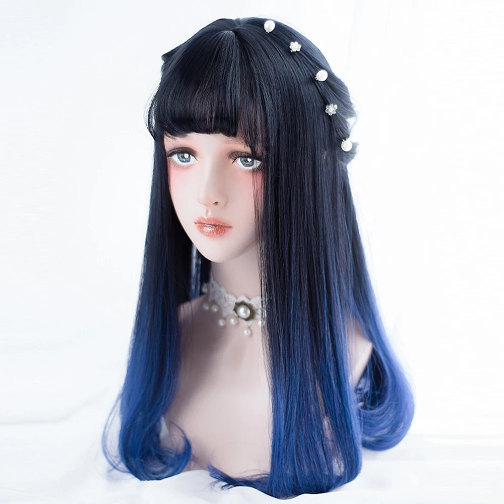 Косплей салон Лолита Харадзюку 55 см длинные волнистые женские черные смешанные синие Омбре челки Леди Синтетический косплей парик Хэллоуин