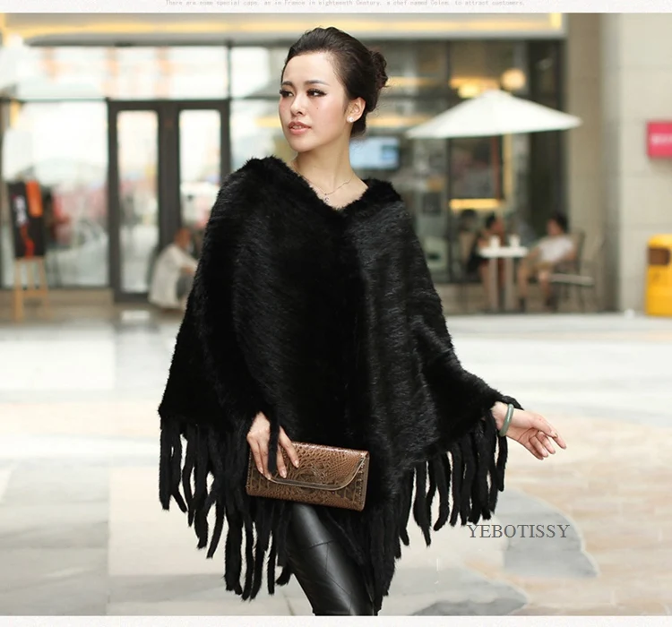 knitted women mink fur poncho with tassels (10)