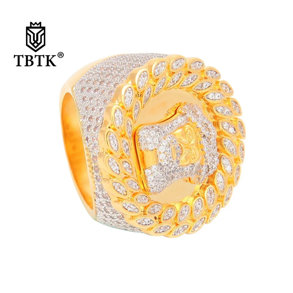 cheap TBTK Jesus Head Model Round Hiphop Ring Gold Micro inlaid Sparkling Zircon Crystal Ring for Man 30mm Width Ring Western Style