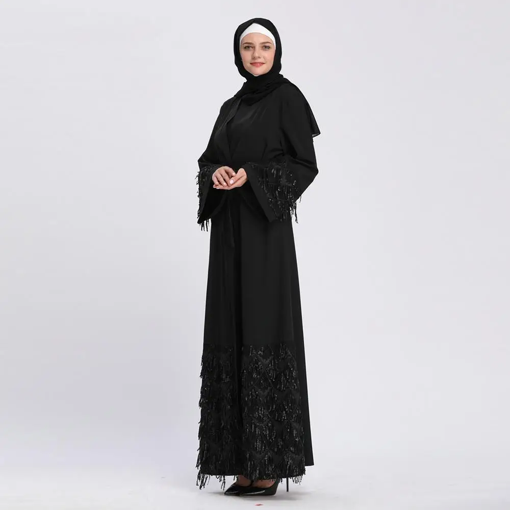 Abaya Дубайский мусульманский блестками женское длинное платье-Кафтан кружева лоскутное открытый кардиган платье Абая Вечерние турецкая