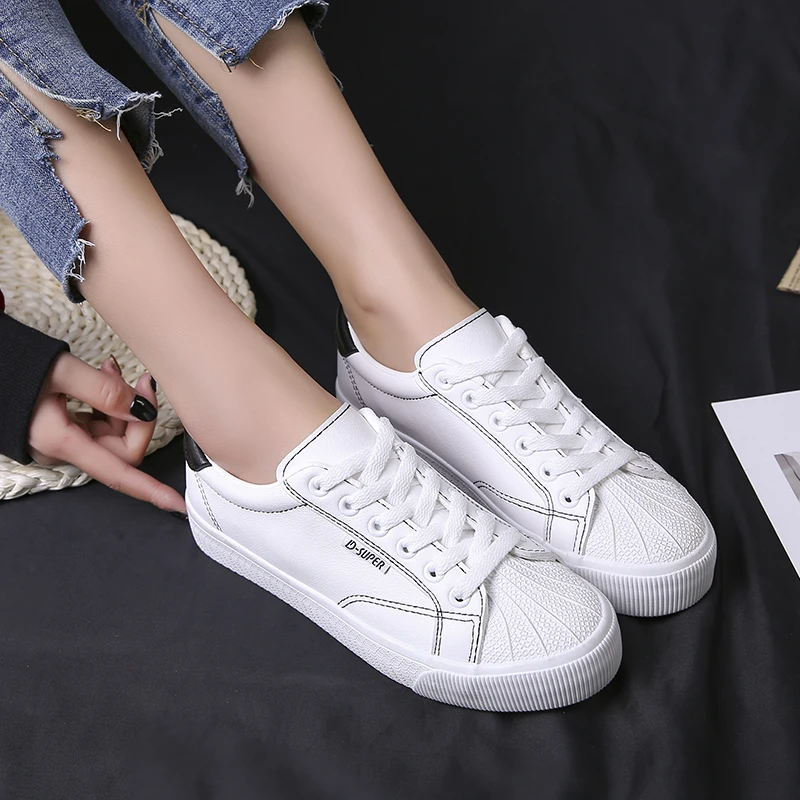 

White Women Shoes Lace-Up Casual Shoes Modis Flat Sneakers Women Breathable Leather Vulcanized Shoes Zapatos De Mujer