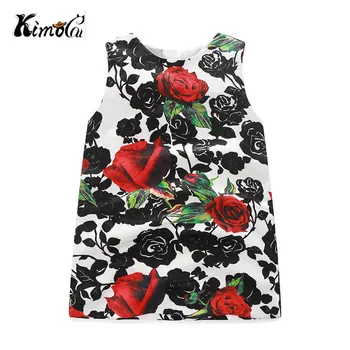 

Kimocat new children clothing Summer cotton sleeveless red rose print shigh quality flower girl dresses