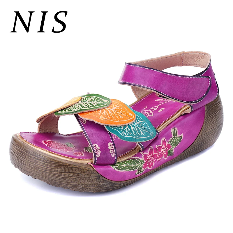 

NIS Women Sandals Genuine Leather Shoes Woman Hook&Loop Peep Toe Platform Sandals Flat Heel Ladies Shoes Summer Casual Sandalias