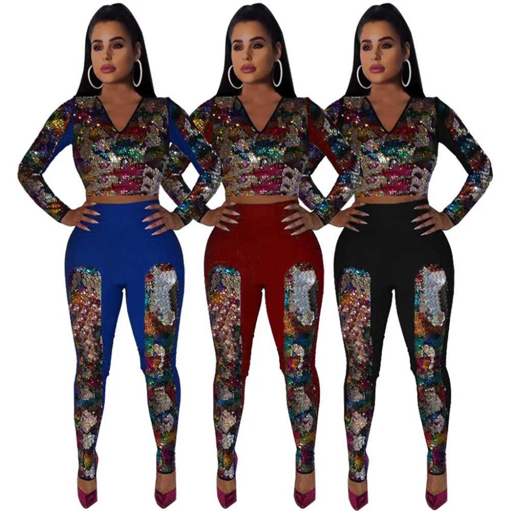 Women shiny sequin patchwork long sleeve v neck crop top pants