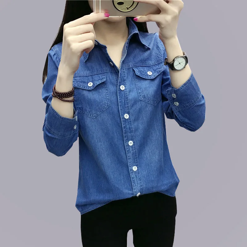 

Women's Denim Shirt 2019 Spring New Shirt Long-Sleeved Denim Shirt Ladies Autumn Thin Coat Wild Casual Shirt College Style Women