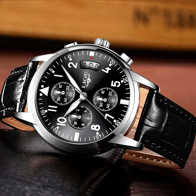 LIGE Men Casual Leather Business Clock Mens Watches Top Luxury Quartz Wrist Watch Men Sport Waterproof Chronograph Montre Homme
