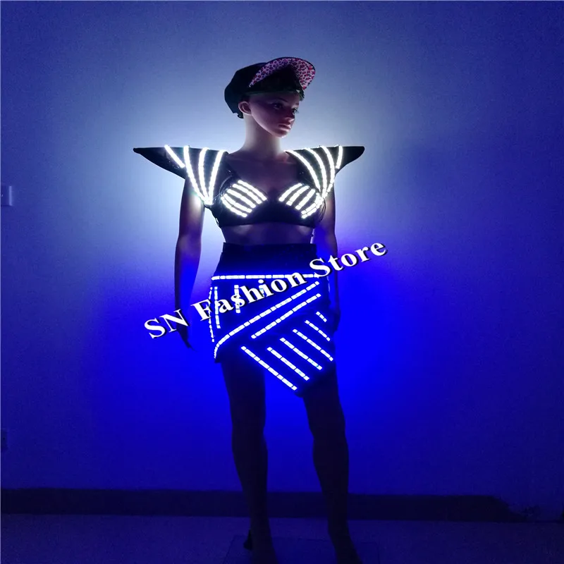 

SS2 RGB color Sexy singer vest dance ballroom costumes led light costume catwalk stage wears dj bra skirt shoulder women dresses