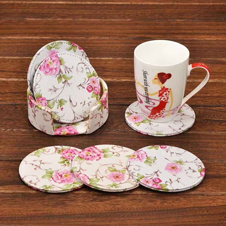6pcs/lot round cup mat PU Leather Placemat tea Coasters with Holder