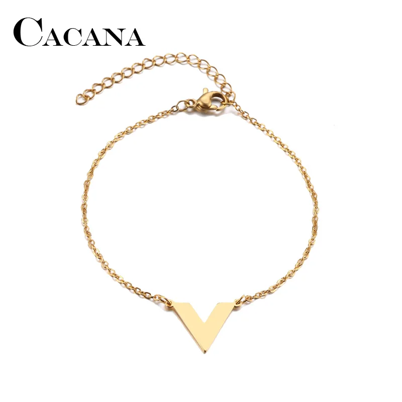 CACANA Stainless Steel Bracelet For Women Man V Word Gold And Silver Color Pulseira Feminina Lover's Engagement Jewelry