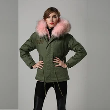 Новые розовые модные теплые шубы, воротник енота розовый, Женский армейский зеленый зимний MRS короткая розовая Меховая куртка