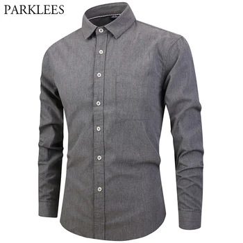 

Harajuku Solid Shirt Men Long Sleeve Casual Mens Gray Shirts With Pocket Preppy Style 100% Brushed Cotton Csmisas Social Hombre