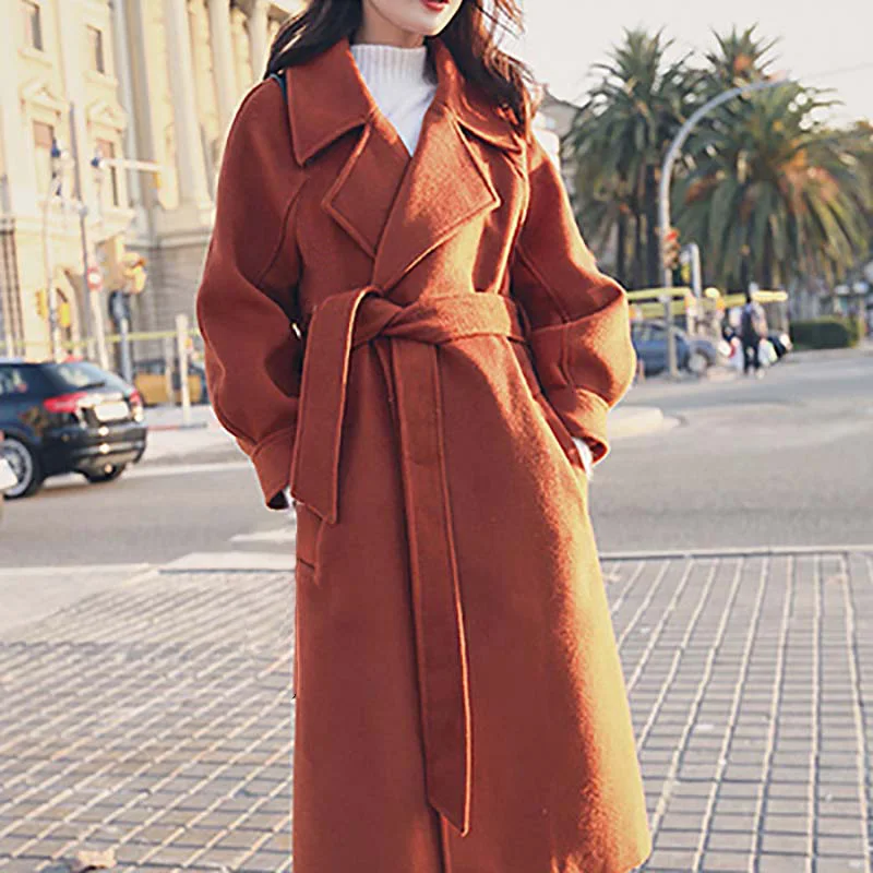 

Naiveroo Elegant Women Office Work Wear Coat Plus Size Loose Warm Wool Blend Long Winter Turn-Down Collar Adjustable Belt Jacket