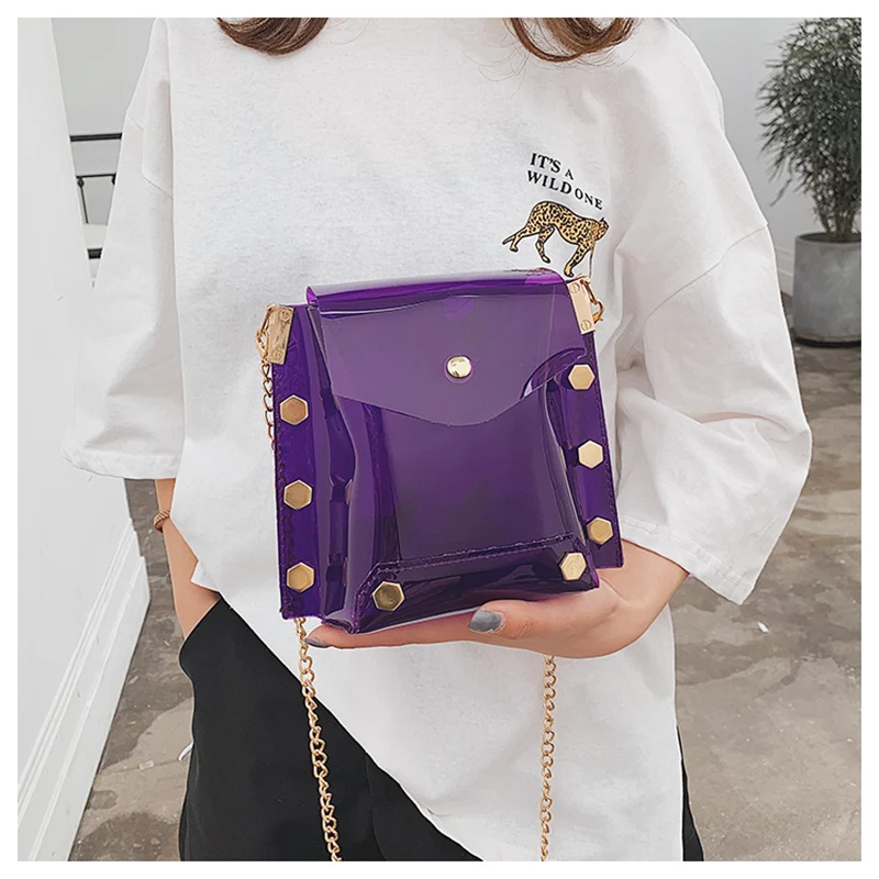 

Women Mini Transparent PVC Plastic Cross body Durable Summer Shoulder Bag Fashion Rivet Purple Messenger Bags