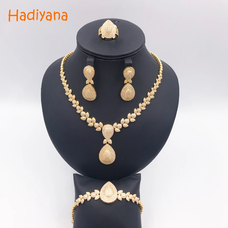 Hadiyana de lujo brillante circón cúbico 4 piezas conjunto de joyas para las mujeres Venta caliente collar y pulsera y pendientes conjuntos de joyas CN289 - 5