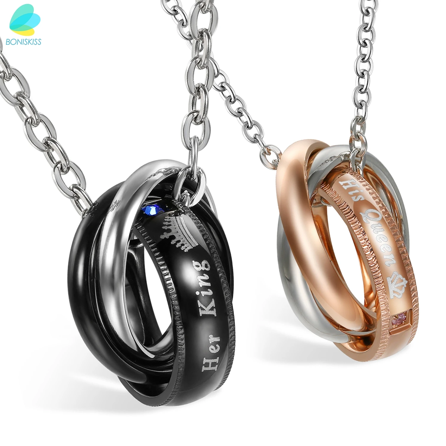 BONISKISS His Queen and Her King Couples Pendant Necklaces Matching Set for Valentine