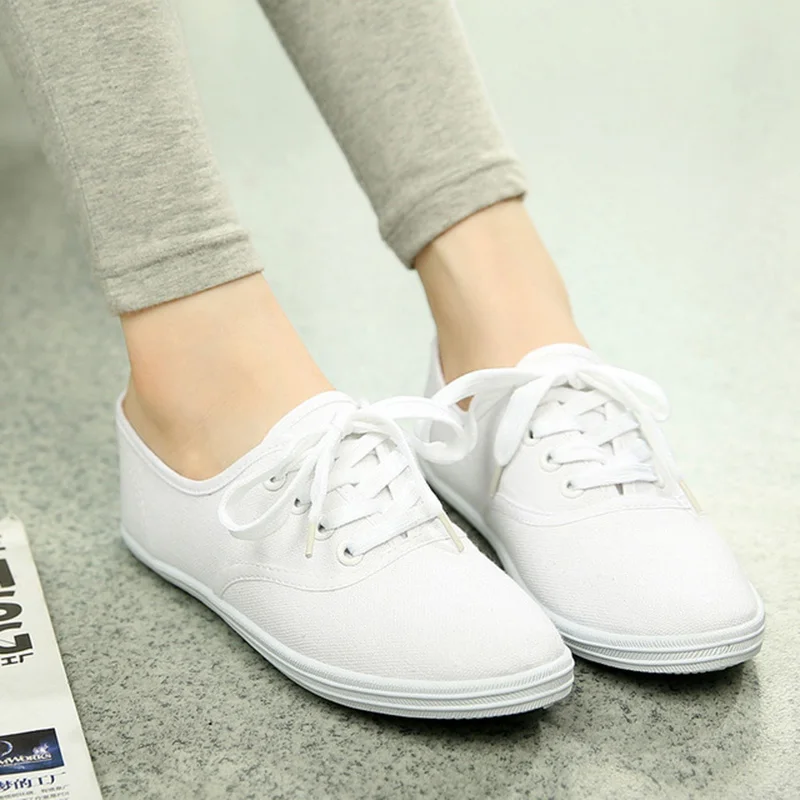 

Women Canvas Shoes Lace Up Casual Vulcanize Shoes Woman Flats White Shoes Breathable shoes Ladies Espadrilles Big Size 35-42