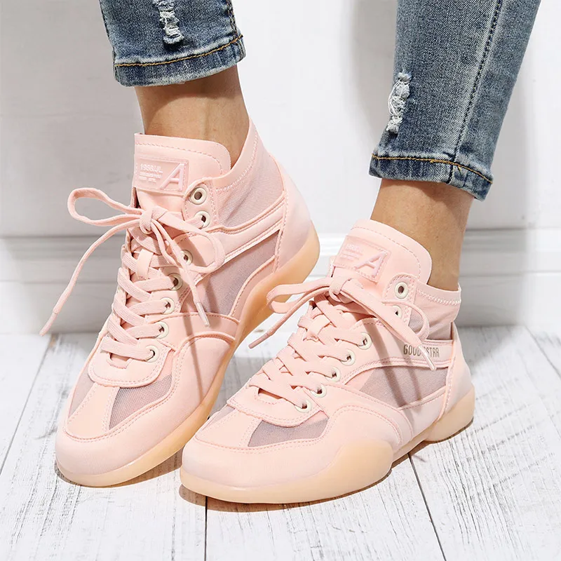 

Women Casual Sneakers Mesh Flats Lace Up Shoes Autumn Breathable Female High Top Ladies Comfortable Walking Footwear