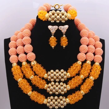 

2017 Fashion Orange Gold Ball Beads Bridal Jewelry Necklace Set Three-tier African Christmas Dubai Wedding Women Jewellery New