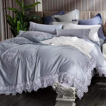 

Silver Blue Luxury Lace Bedding Set Queen King size Bed set Cotton Bed sheet Duvet Cover Fitted sheet parure de lit ropa de cama