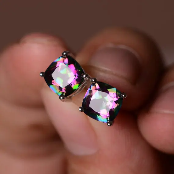 

1Pair Exquisite Women Girl's Silver Princess Cut Rainbow Square Crystal Rhinestones Ear Stud Earring Wedding Jewelry Gift