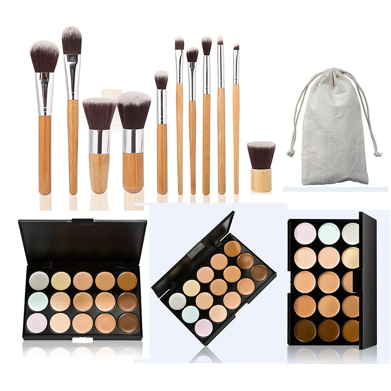 

Professional Makeup Set 15 Colors Concealer Camouflage Facial Cream Neutral Palette 11pcs Foundation Powder Brush Cosmetic Set