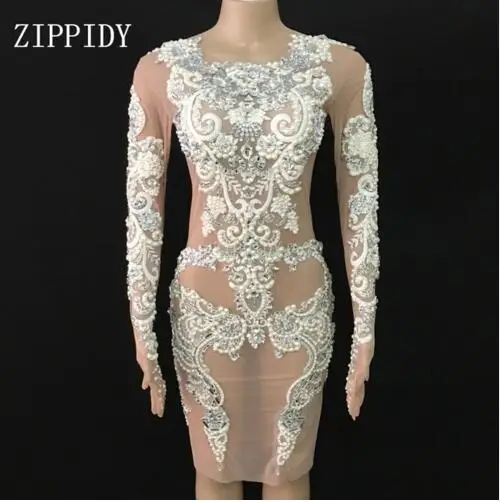 

2018 Sparkly Pearls Lace Mesh Dress Sexy See Through Birthday Celebrate Dresses Outfit Party Dance Female Singer Outfit