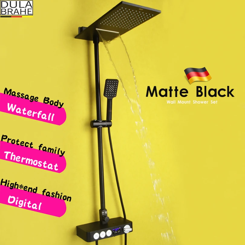 Bathroom Rain Shower Set Thermostat Bath Shower Faucet Valve Black Shower System Panel Brass Rainfall Waterfall Shower Head