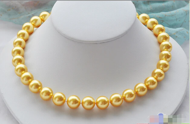 

P3835 17" 12mm golden round SOUTH SEA SHELL PEARL NECKLACE ^^^@^Noble style Natural Fine jewe fast SHIPPING