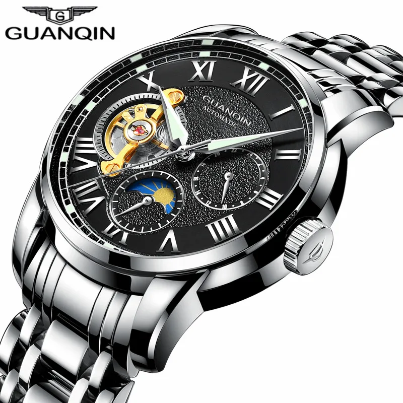 GUANQIN Для мужчин часы Роскошные Moon Phase Watch automatic Tourbillon механические часы Гонконг Бизнес стимпанк Наручные часы Мода