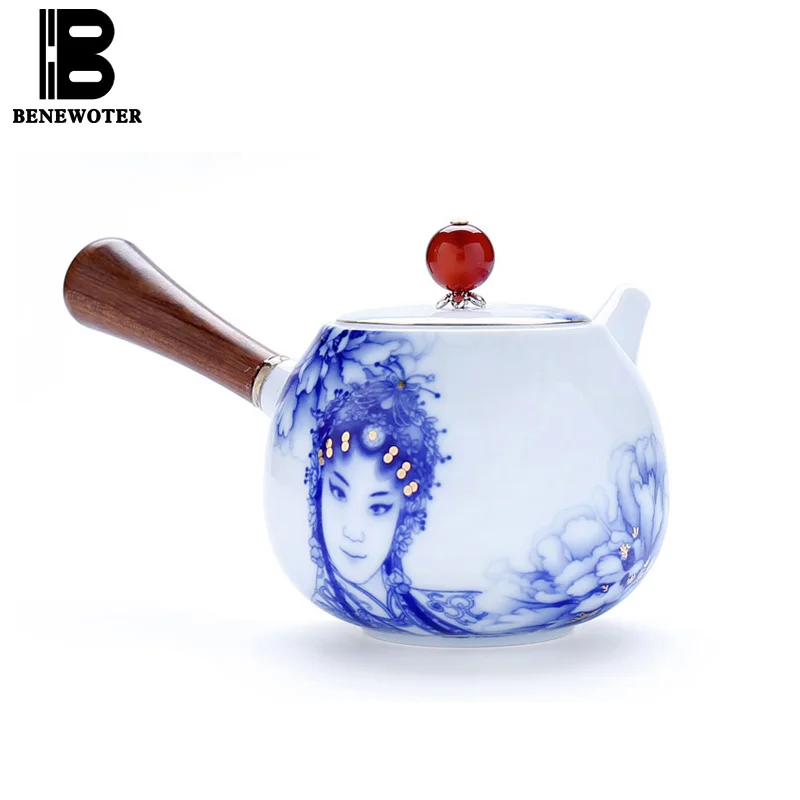 

450/500ml Peking Opera Single Tea Pot Ceramic Rosewood Side Handle Blue and White Porcelain Teapot Maker Kung Fu Tea Set Kettle