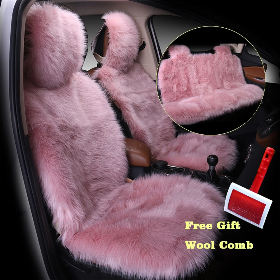 (Front and Back) Pink Color Universal Car Seat Cover Furry Fluffy Thick Faux Plush Warm Seat Pad Car Styling
