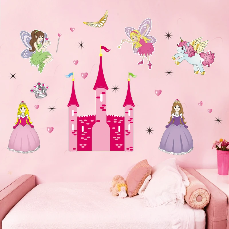 Princess Castle Fairy Angels Wall Stickers For Kids Nursery Room Decoration Cartoon Home Girls