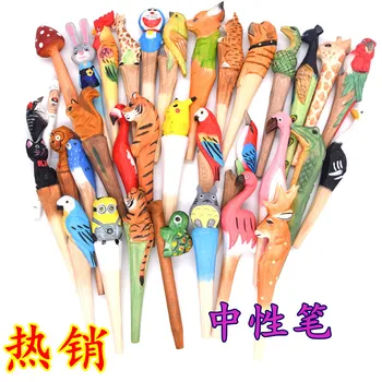 

10pcs/lot Creative woodcarving animals gel pen, handmade carvings, cute cartoon wooden pens, student office stationery,