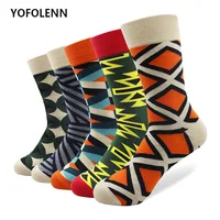 5 pair lot Men s Funny Colorful Combed Cotton Socks Geometry Style Dress Casual Crew Socks