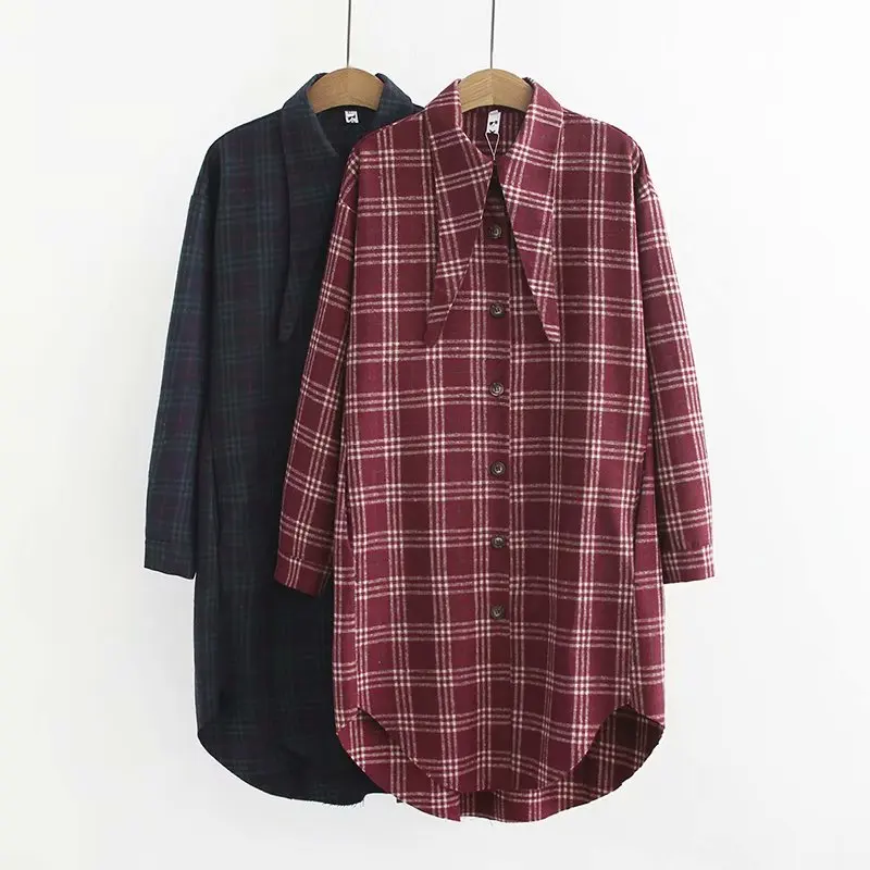 

2019 Spring Summer Big Size Women Long Shirt Cotton Plaid Blouses Style Oversize Full Sleeve Ladies Bow Shirts Plus Size