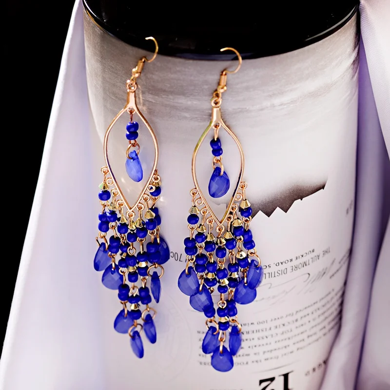 Классический модный синий кристалл, Длинная кисточка Висячие серьги для женщин модные индийские серьги бусины свадебные серьги вешалки