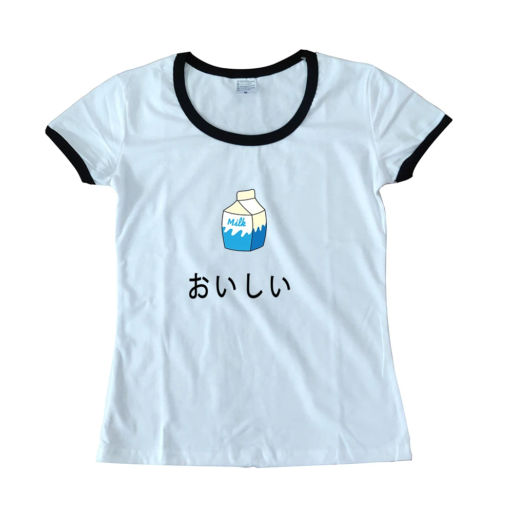 Korean Fashion White Stitching Tshirt Womens Loose Cute Tops Summer 2019 Oversized Strawberry Milk Graphic Tee Cotton Women | Женская