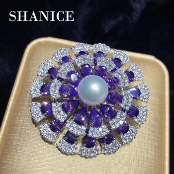 

SHANICE 2018 luxury lady high quality women big flower pearl purple zircon full crystal brooch wedding gift lady fine jewelry
