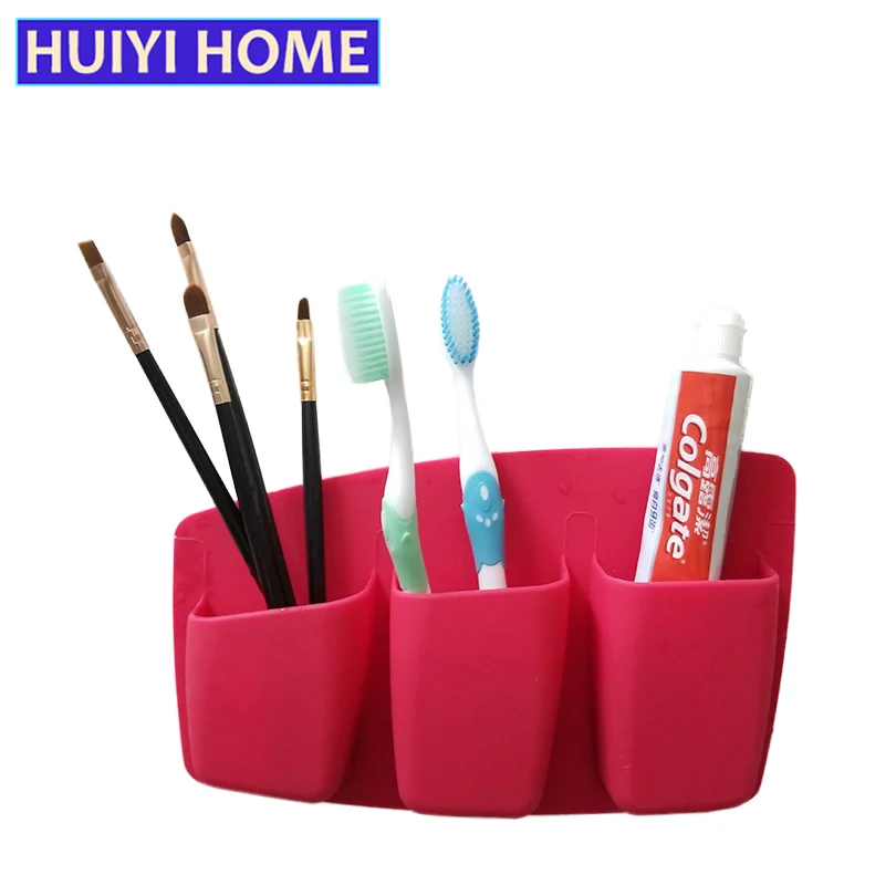 

Adhesive Silicone Toothbrush Makeup Brush Holder Bathroom Cosmetic Toothpaste Hanging Organizer Stick on Smooth Surface EGN443