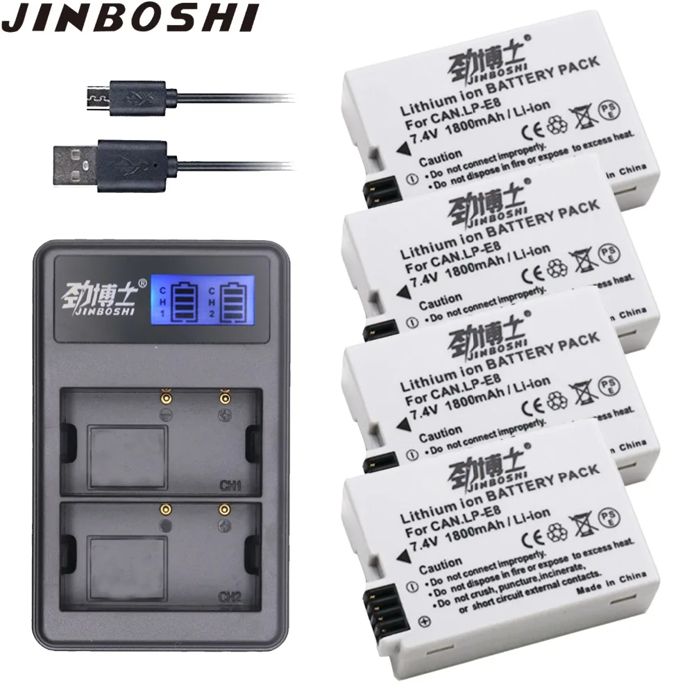 

4Pcs 1800mAh LP E8 LP-E8 LPE8 Battery & LCD Dual USB Charger for Canon EOS 550D 600D 650D 700D X4 X5 X6i X7i T2i T3i 4i