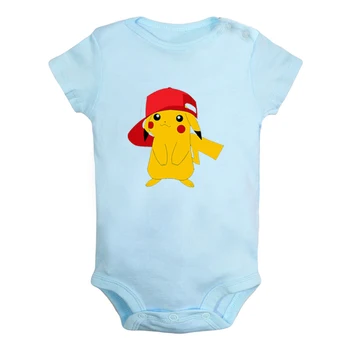 

Wearing Ash Hat Pikachu Pokemon Design Newborn Baby Boys Girls Outfits Jumpsuit Print Infant Bodysuit Clothes Cotton Sets