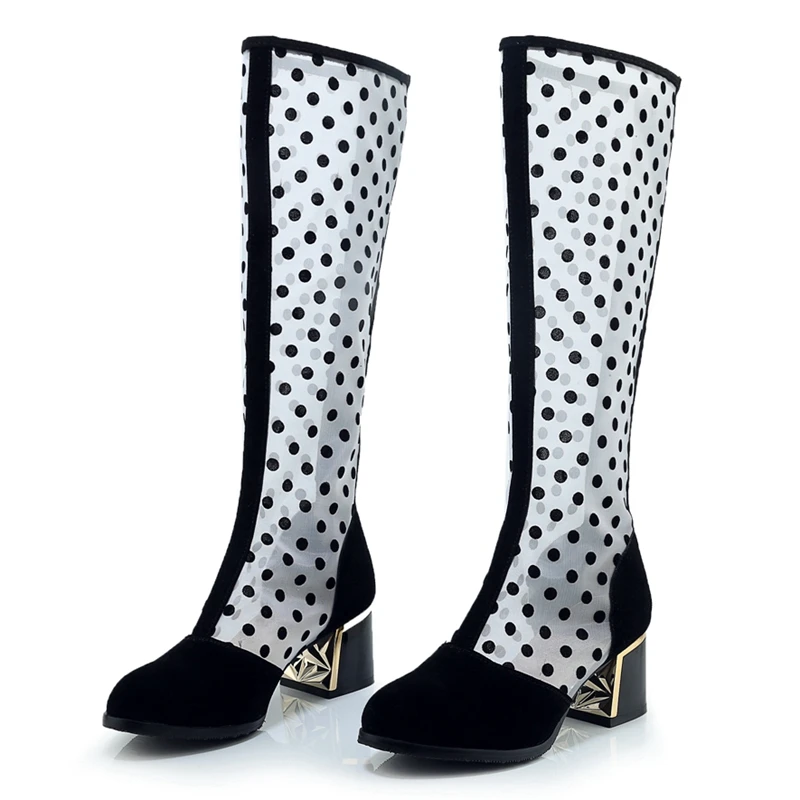 Pour Asileto Frais D'été Flock Chaussures Noir Bottes Femmes Été Dot Sabot Printemps Black Genou Zipper Rond Mesh Talon Bout Femme Air S1141 rCtQshd