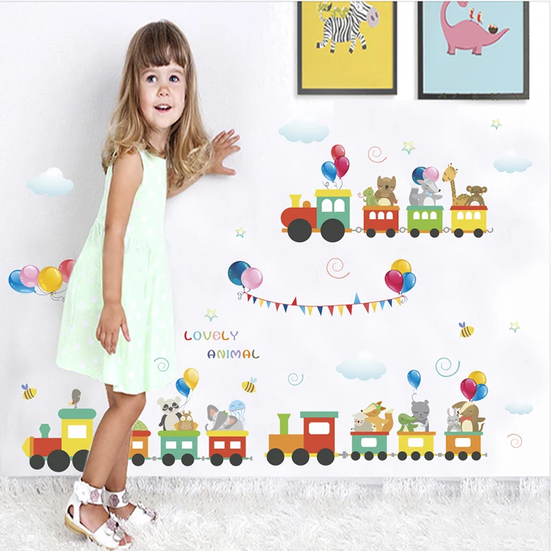 Lovely Animals Train Wall Stickers For Children Kids Rooms Decoration Colorful Balloon Home Decor PVC Wall Mural Art DIY Decals