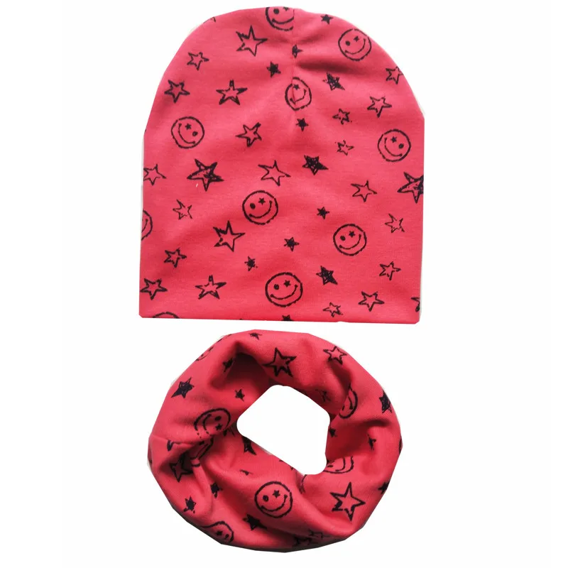 Осенне-зимние хлопковые детские наборы шарф шапка с принтом смайлика для маленьких мальчиков и девочек вязаная крючком Детская шапка детские шарфы воротник 2 шт - Цвет: watermelon red smile